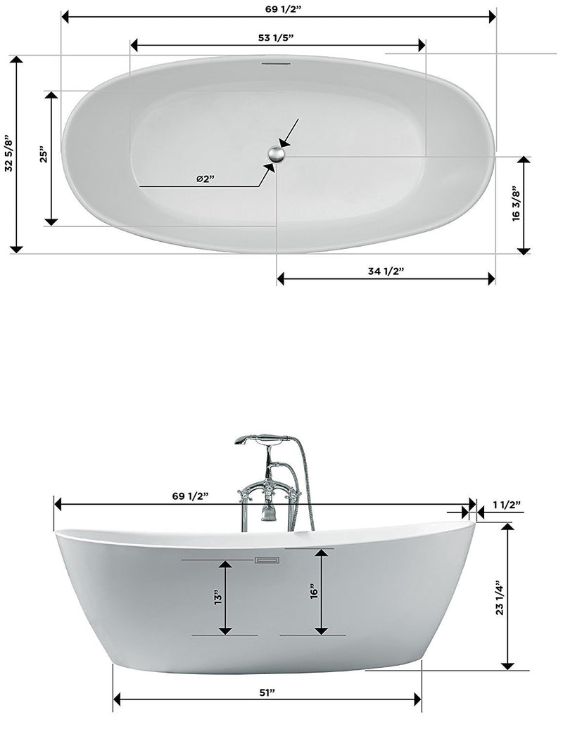 DKB Zarya UB118-7034 Freestanding Acrylic Bathtub 70" x 34" Inches