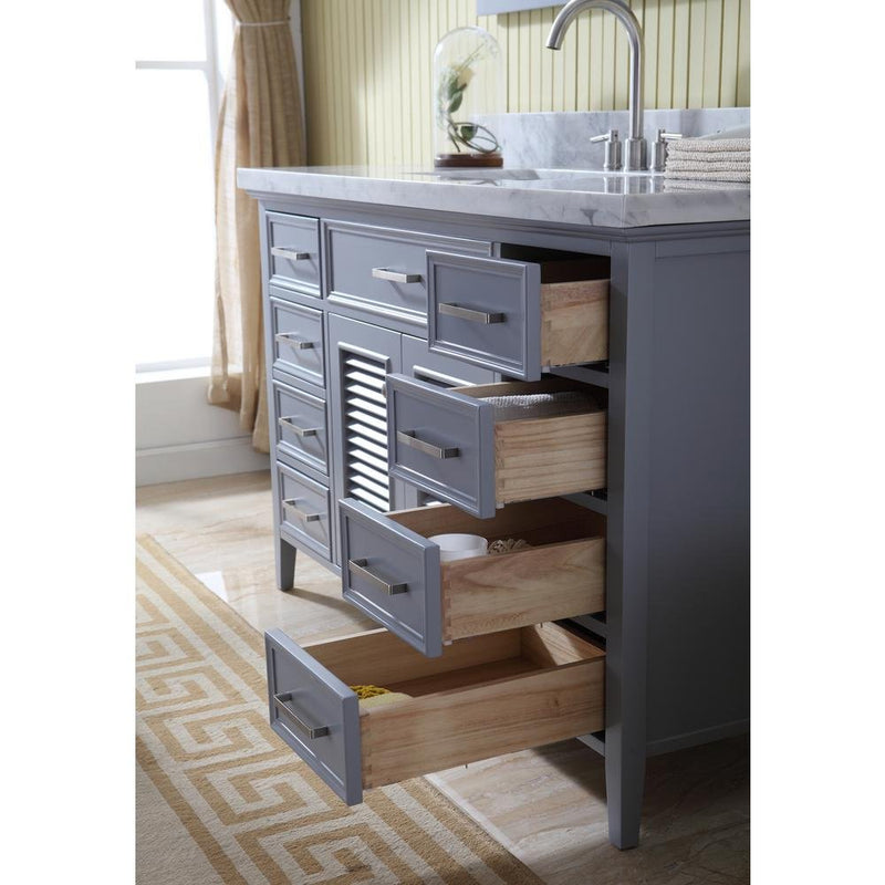 DKB Hartford Series 55" Inch Single Rectangle Sink Bathroom Vanity Set in Grey | Carrara White Marble Countertop | 2 Louvered Style Doors | 8 Full Extension Dovetail Drawers | Matching Framed Mirror